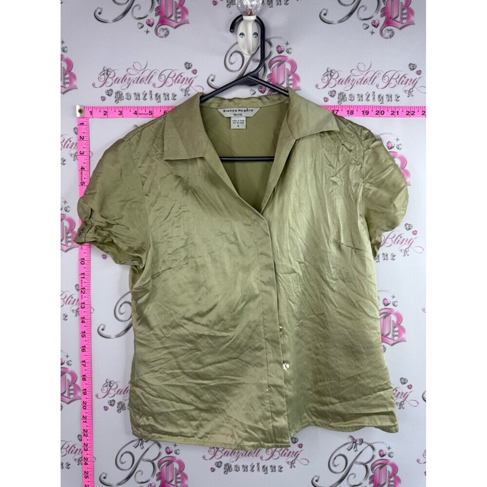 Bianca nygard silk shirt Silky Olive Green Short Sleeve Button-Down Blouse